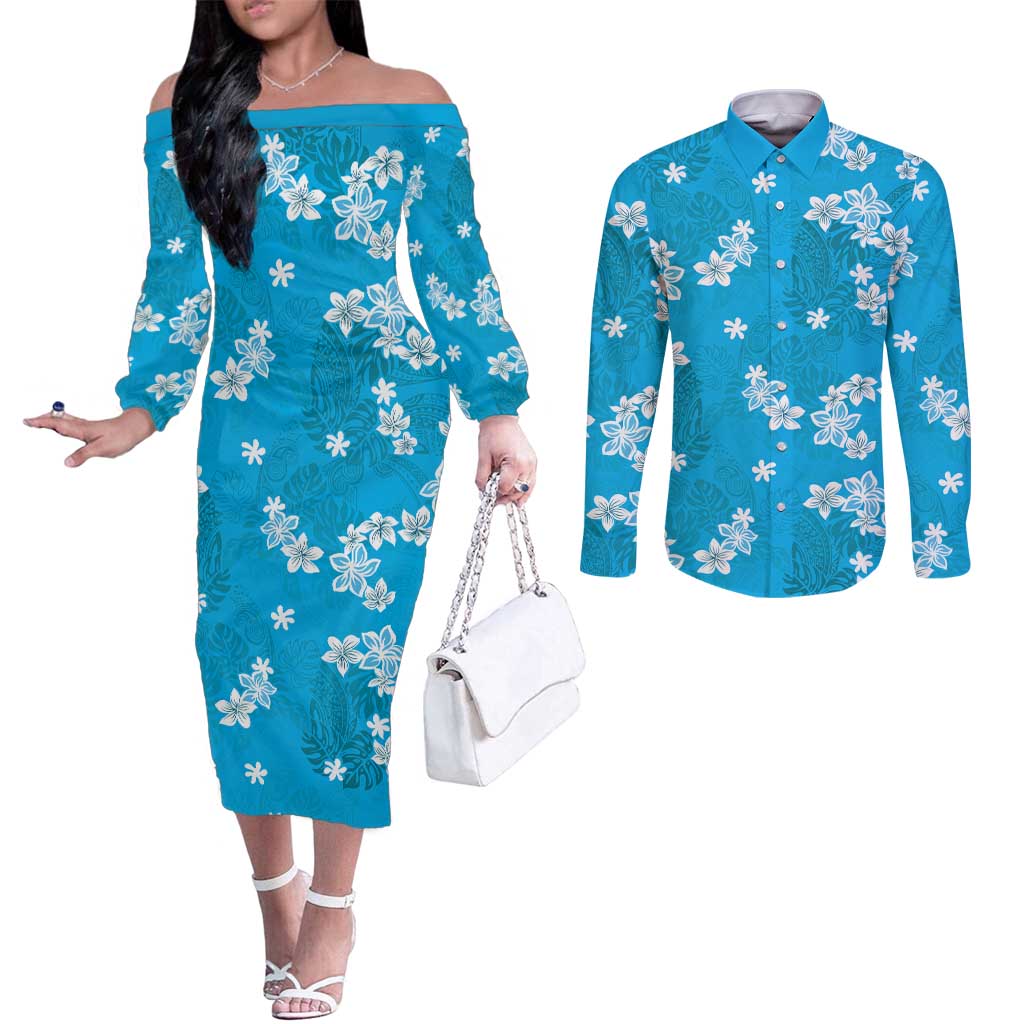 Hawaii Monstera Deliciosa Couples Matching Off The Shoulder Long Sleeve Dress and Long Sleeve Button Shirt Blue Plumeria Polynesian Pattern - Polynesian Pride