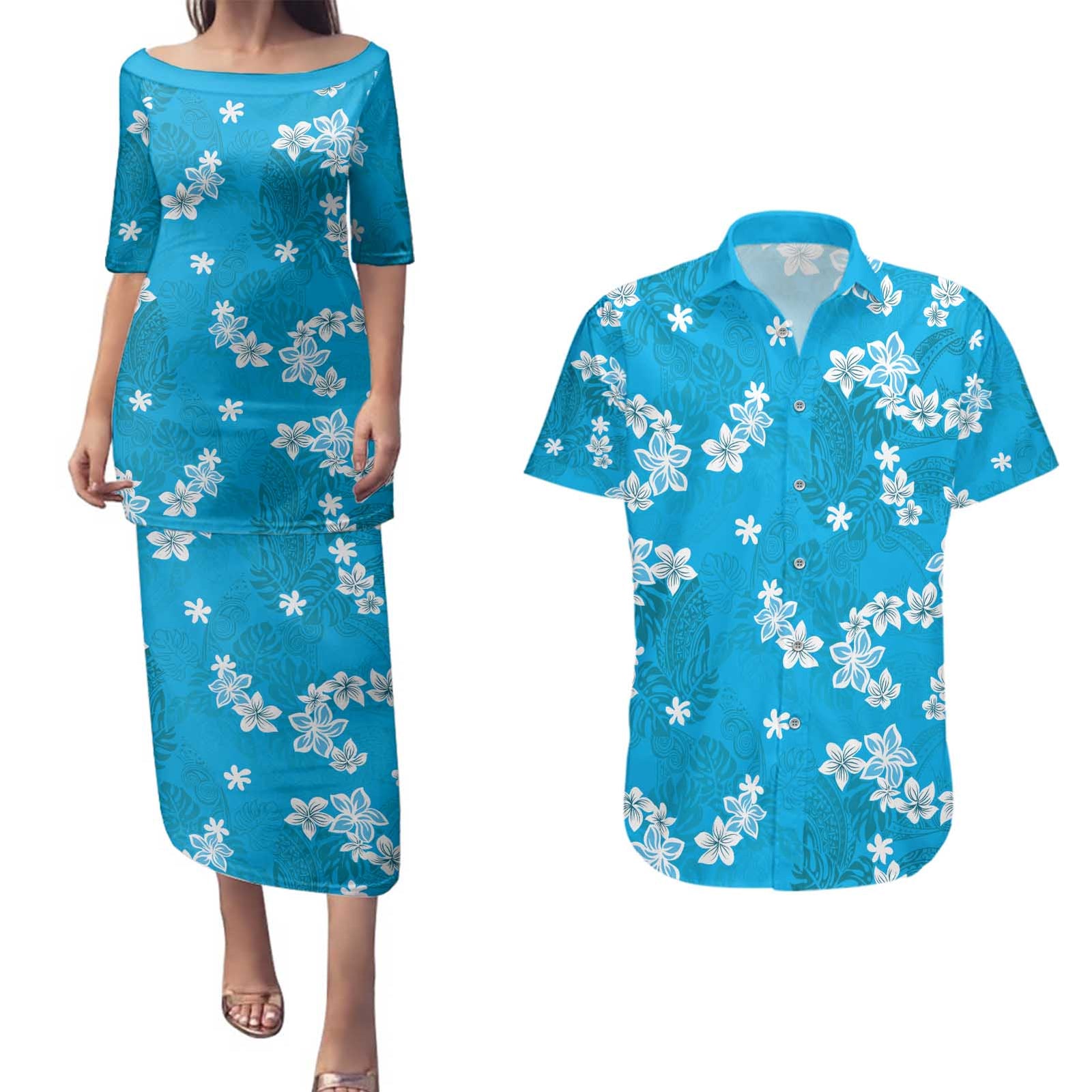 Hawaii Monstera Deliciosa Couples Matching Puletasi and Hawaiian Shirt Blue Plumeria Polynesian Pattern LT05 Blue - Polynesian Pride
