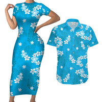 Hawaii Monstera Deliciosa Couples Matching Short Sleeve Bodycon Dress and Hawaiian Shirt Blue Plumeria Polynesian Pattern - Polynesian Pride