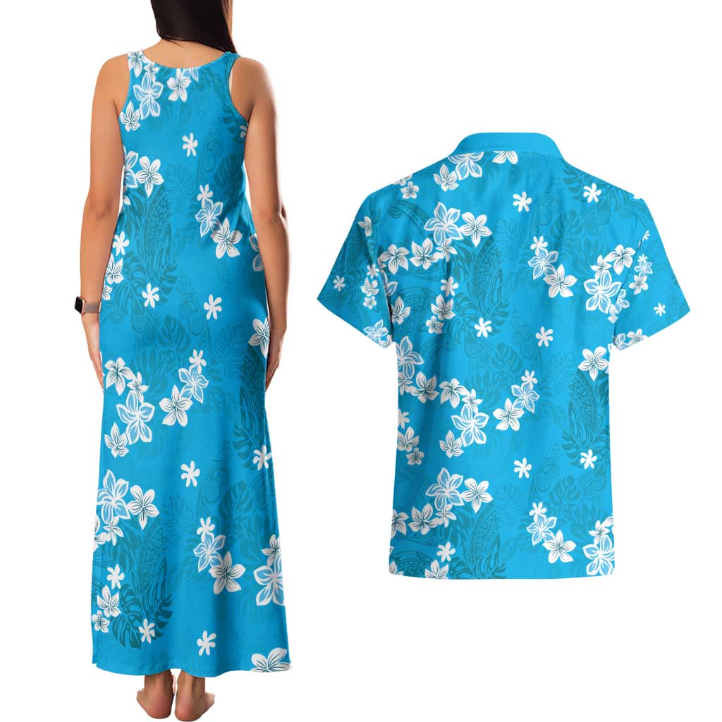 Hawaii Monstera Deliciosa Couples Matching Tank Maxi Dress and Hawaiian Shirt Blue Plumeria Polynesian Pattern - Polynesian Pride