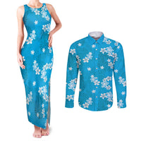 Hawaii Monstera Deliciosa Couples Matching Tank Maxi Dress and Long Sleeve Button Shirt Blue Plumeria Polynesian Pattern - Polynesian Pride