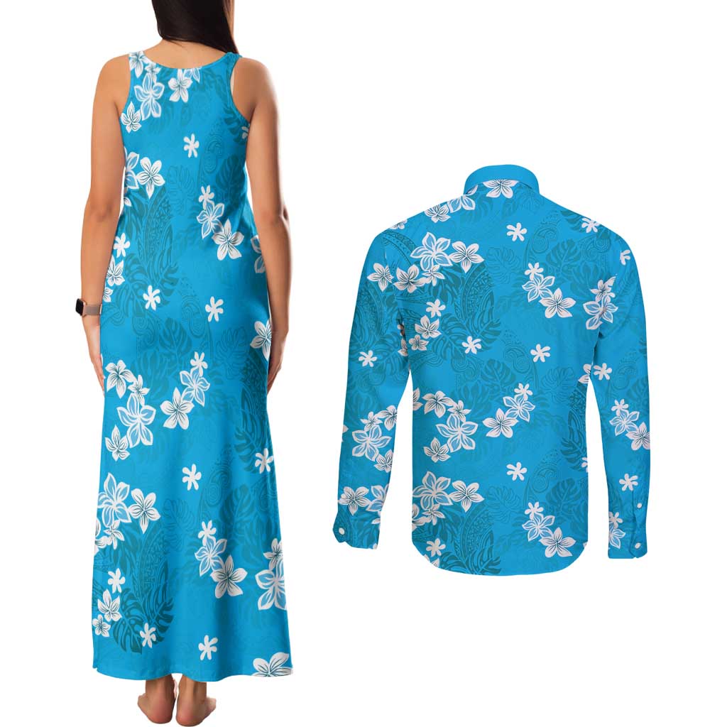 Hawaii Monstera Deliciosa Couples Matching Tank Maxi Dress and Long Sleeve Button Shirt Blue Plumeria Polynesian Pattern - Polynesian Pride
