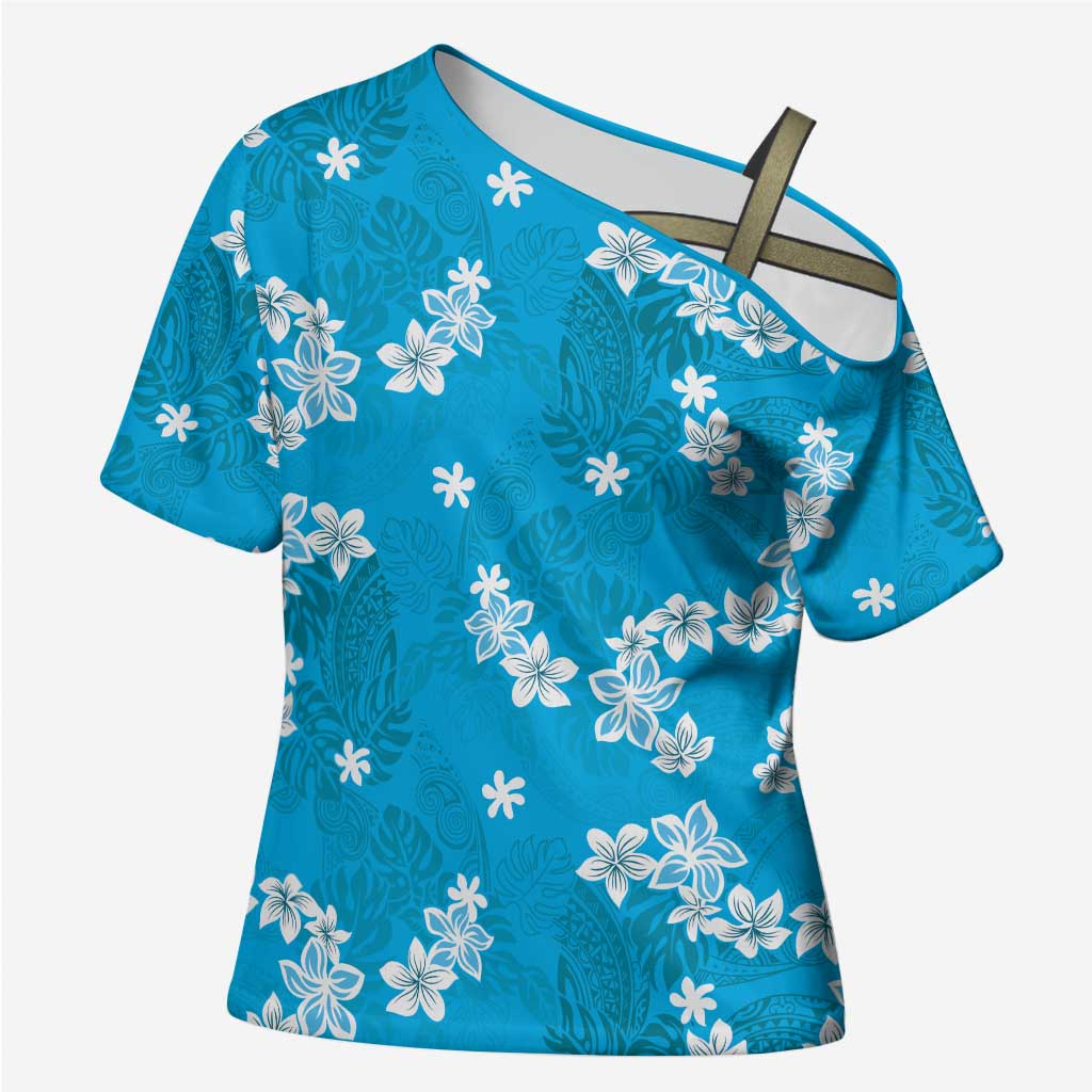 Hawaii Monstera Deliciosa Cross Shoulder Shirt Blue Plumeria Polynesian Pattern - Polynesian Pride