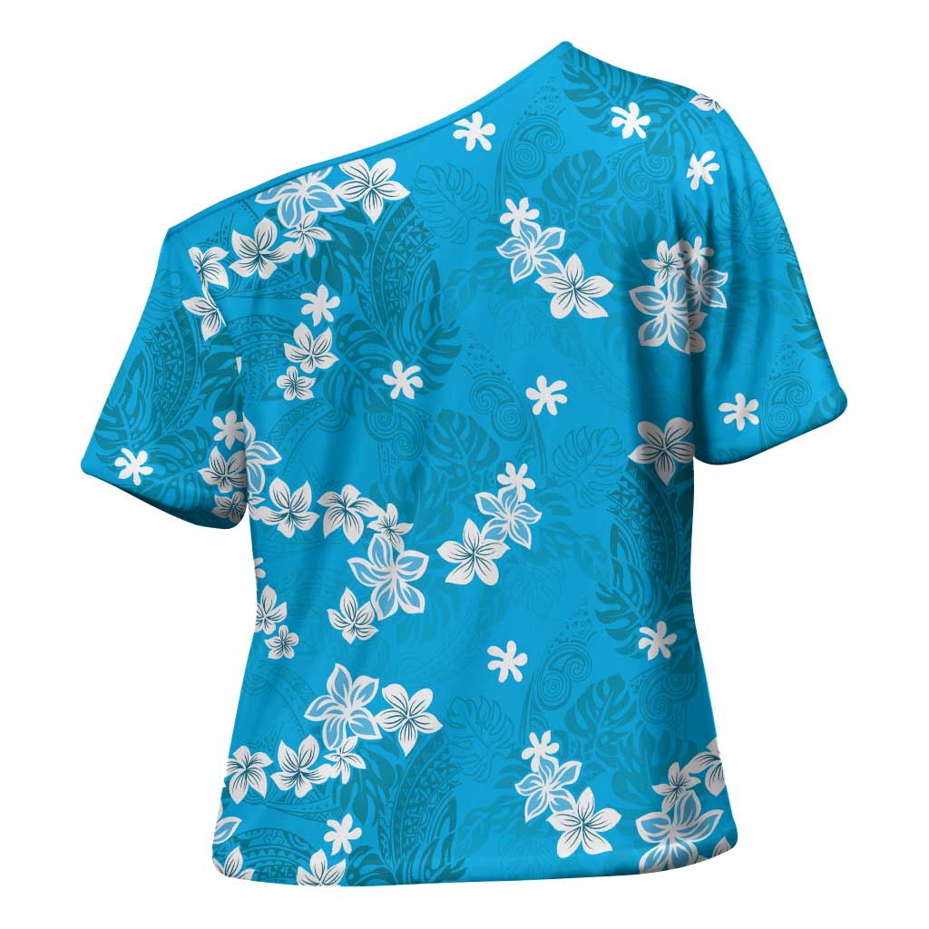 Hawaii Monstera Deliciosa Cross Shoulder Shirt Blue Plumeria Polynesian Pattern - Polynesian Pride