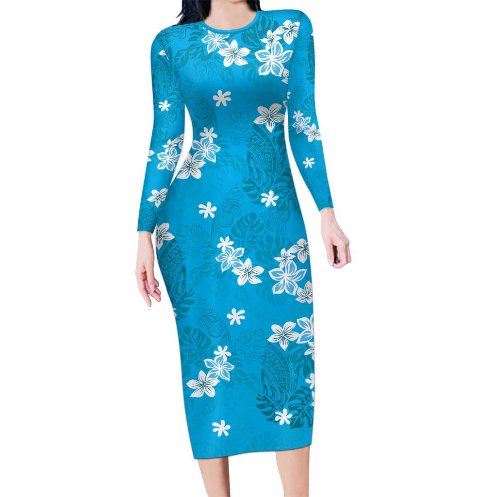 Hawaii Monstera Deliciosa Family Matching Long Sleeve Bodycon Dress and Hawaiian Shirt Blue Plumeria Polynesian Pattern - Polynesian Pride