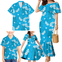 Hawaii Monstera Deliciosa Family Matching Mermaid Dress and Hawaiian Shirt Blue Plumeria Polynesian Pattern - Polynesian Pride