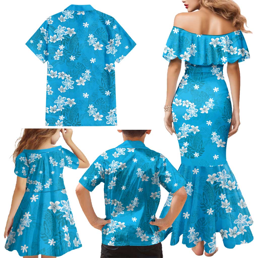 Hawaii Monstera Deliciosa Family Matching Mermaid Dress and Hawaiian Shirt Blue Plumeria Polynesian Pattern - Polynesian Pride