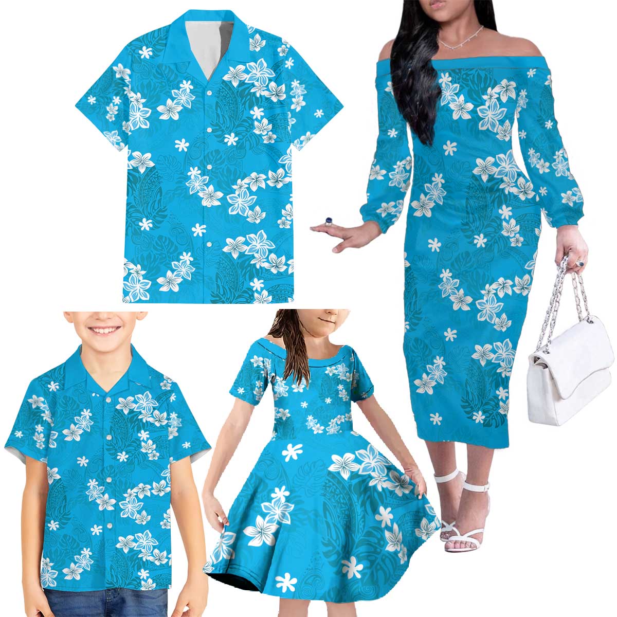 Hawaii Monstera Deliciosa Family Matching Off The Shoulder Long Sleeve Dress and Hawaiian Shirt Blue Plumeria Polynesian Pattern - Polynesian Pride