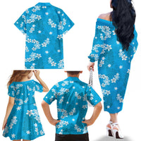 Hawaii Monstera Deliciosa Family Matching Off The Shoulder Long Sleeve Dress and Hawaiian Shirt Blue Plumeria Polynesian Pattern - Polynesian Pride