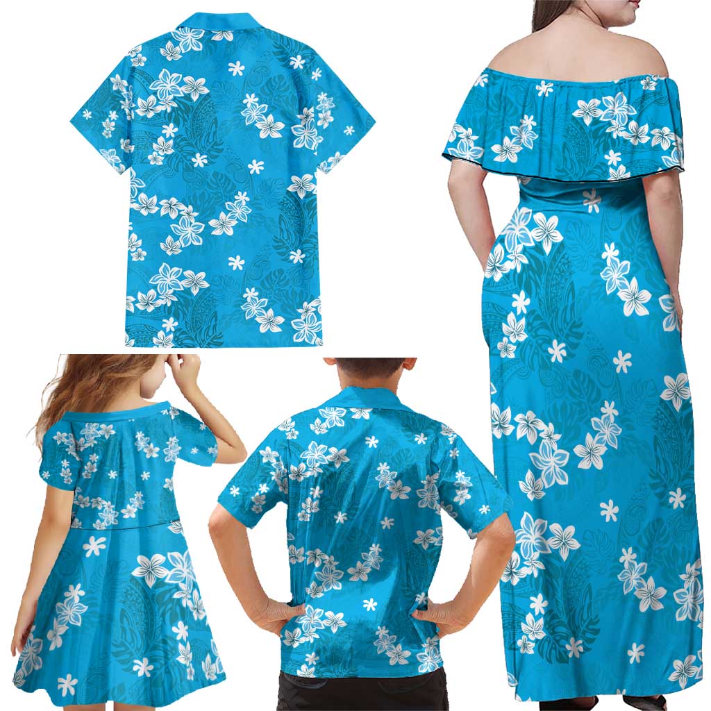 Hawaii Monstera Deliciosa Family Matching Off Shoulder Maxi Dress and Hawaiian Shirt Blue Plumeria Polynesian Pattern - Polynesian Pride