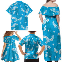 Hawaii Monstera Deliciosa Family Matching Off Shoulder Maxi Dress and Hawaiian Shirt Blue Plumeria Polynesian Pattern - Polynesian Pride