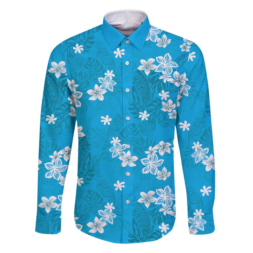 Hawaii Monstera Deliciosa Family Matching Off Shoulder Short Dress and Hawaiian Shirt Blue Plumeria Polynesian Pattern - Polynesian Pride