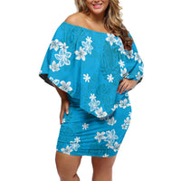Hawaii Monstera Deliciosa Family Matching Off Shoulder Short Dress and Hawaiian Shirt Blue Plumeria Polynesian Pattern - Polynesian Pride