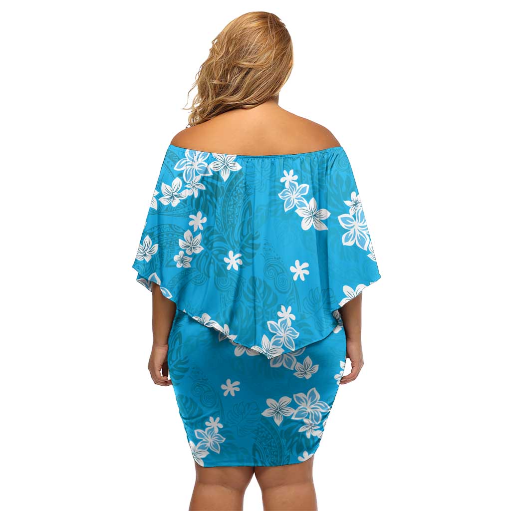 Hawaii Monstera Deliciosa Family Matching Off Shoulder Short Dress and Hawaiian Shirt Blue Plumeria Polynesian Pattern - Polynesian Pride