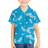 Hawaii Monstera Deliciosa Family Matching Off Shoulder Short Dress and Hawaiian Shirt Blue Plumeria Polynesian Pattern - Polynesian Pride