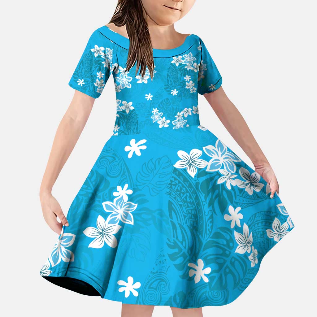Hawaii Monstera Deliciosa Family Matching Puletasi and Hawaiian Shirt Blue Plumeria Polynesian Pattern LT05 Daughter's Dress Blue - Polynesian Pride