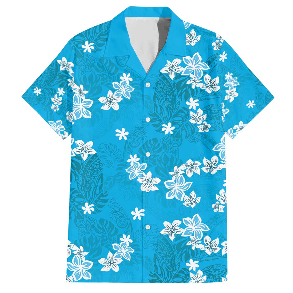 Hawaii Monstera Deliciosa Family Matching Summer Maxi Dress and Hawaiian Shirt Blue Plumeria Polynesian Pattern - Polynesian Pride