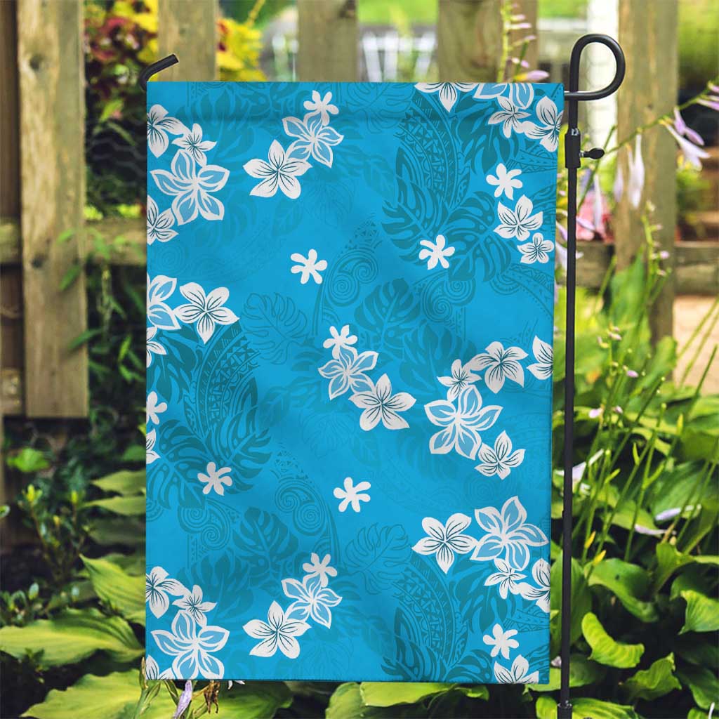 Hawaii Monstera Deliciosa Garden Flag Blue Plumeria Polynesian Pattern - Polynesian Pride