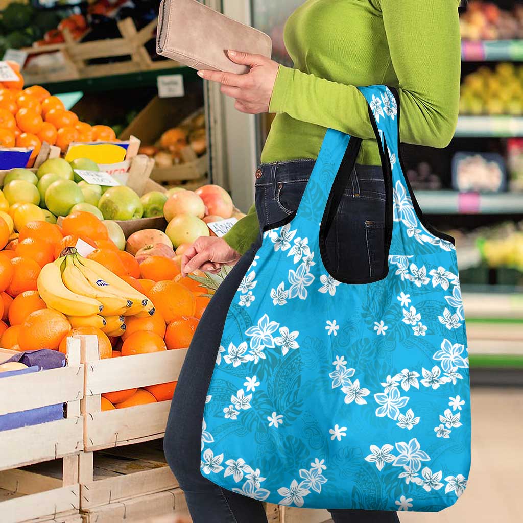 Hawaii Monstera Deliciosa Grocery Bag Blue Plumeria Polynesian Pattern - Polynesian Pride