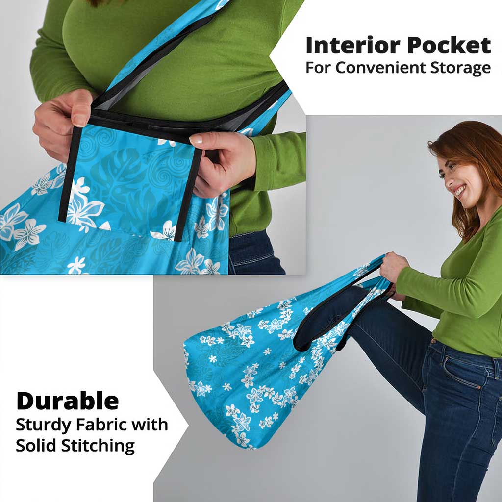 Hawaii Monstera Deliciosa Grocery Bag Blue Plumeria Polynesian Pattern - Polynesian Pride