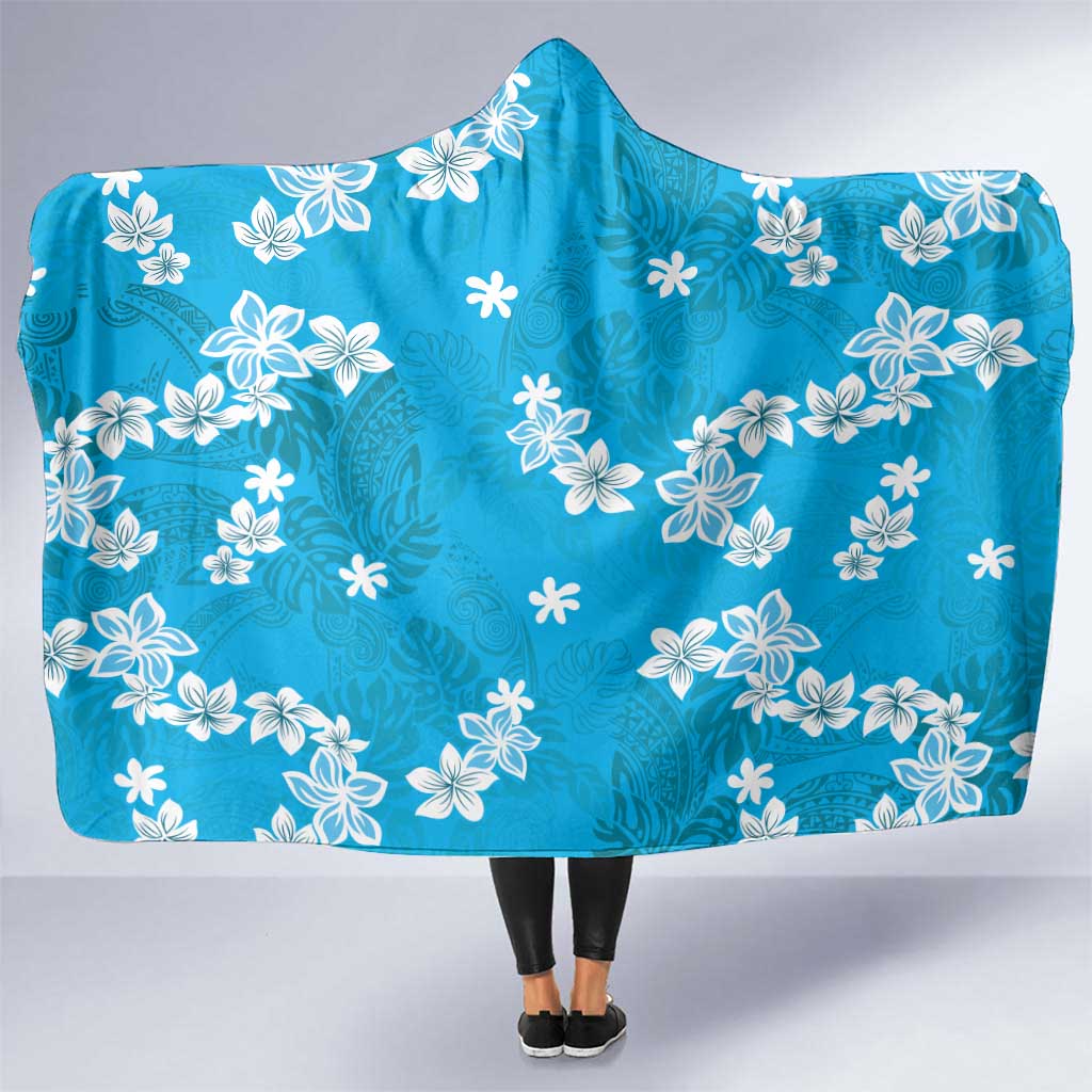 Hawaii Monstera Deliciosa Hooded Blanket Blue Plumeria Polynesian Pattern LT05 One Size Blue - Polynesian Pride