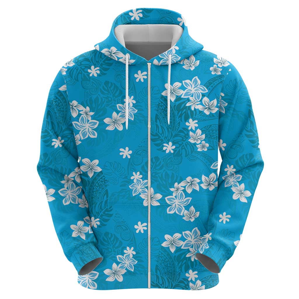 Hawaii Monstera Deliciosa Hoodie Blue Plumeria Polynesian Pattern - Polynesian Pride