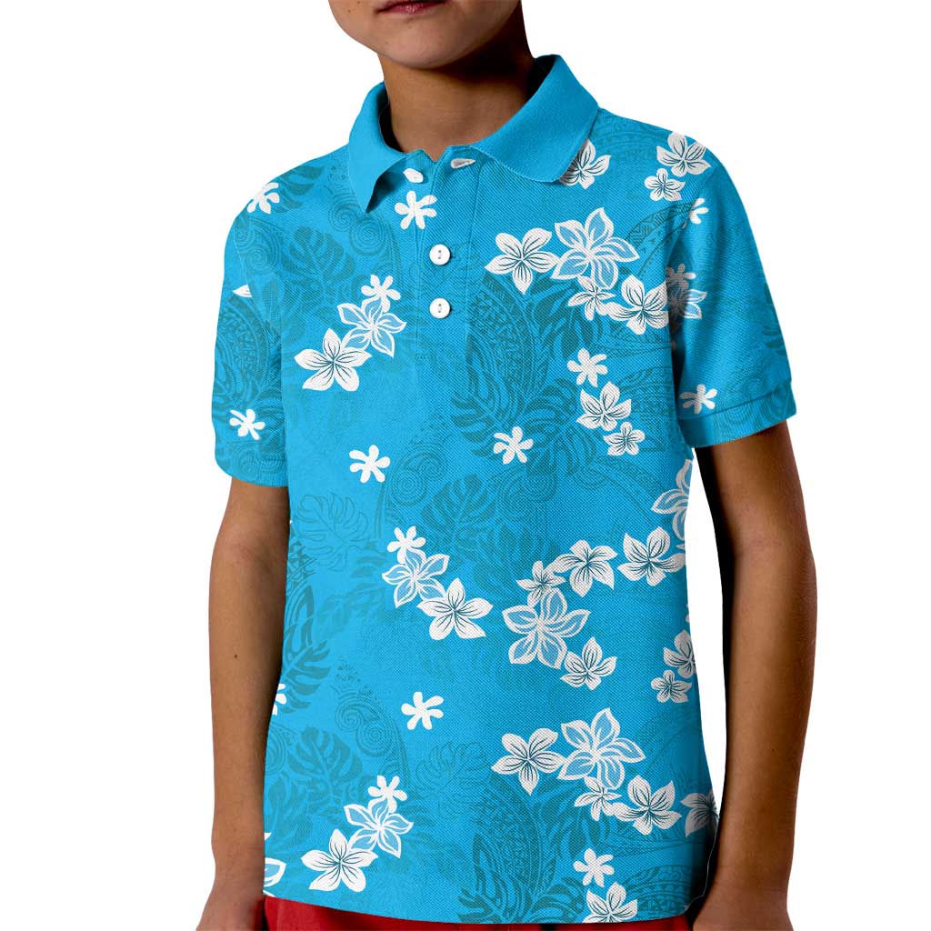Hawaii Monstera Deliciosa Kid Polo Shirt Blue Plumeria Polynesian Pattern LT05 Kid Blue - Polynesian Pride