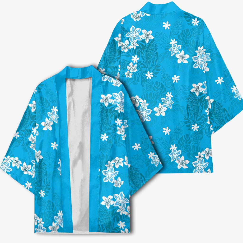 Hawaii Monstera Deliciosa Kimono Blue Plumeria Polynesian Pattern - Polynesian Pride