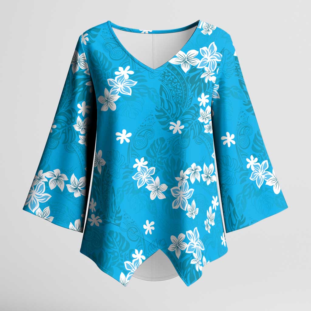 Hawaii Monstera Deliciosa Kimono Sleeve Blouse Blue Plumeria Polynesian Pattern - Polynesian Pride