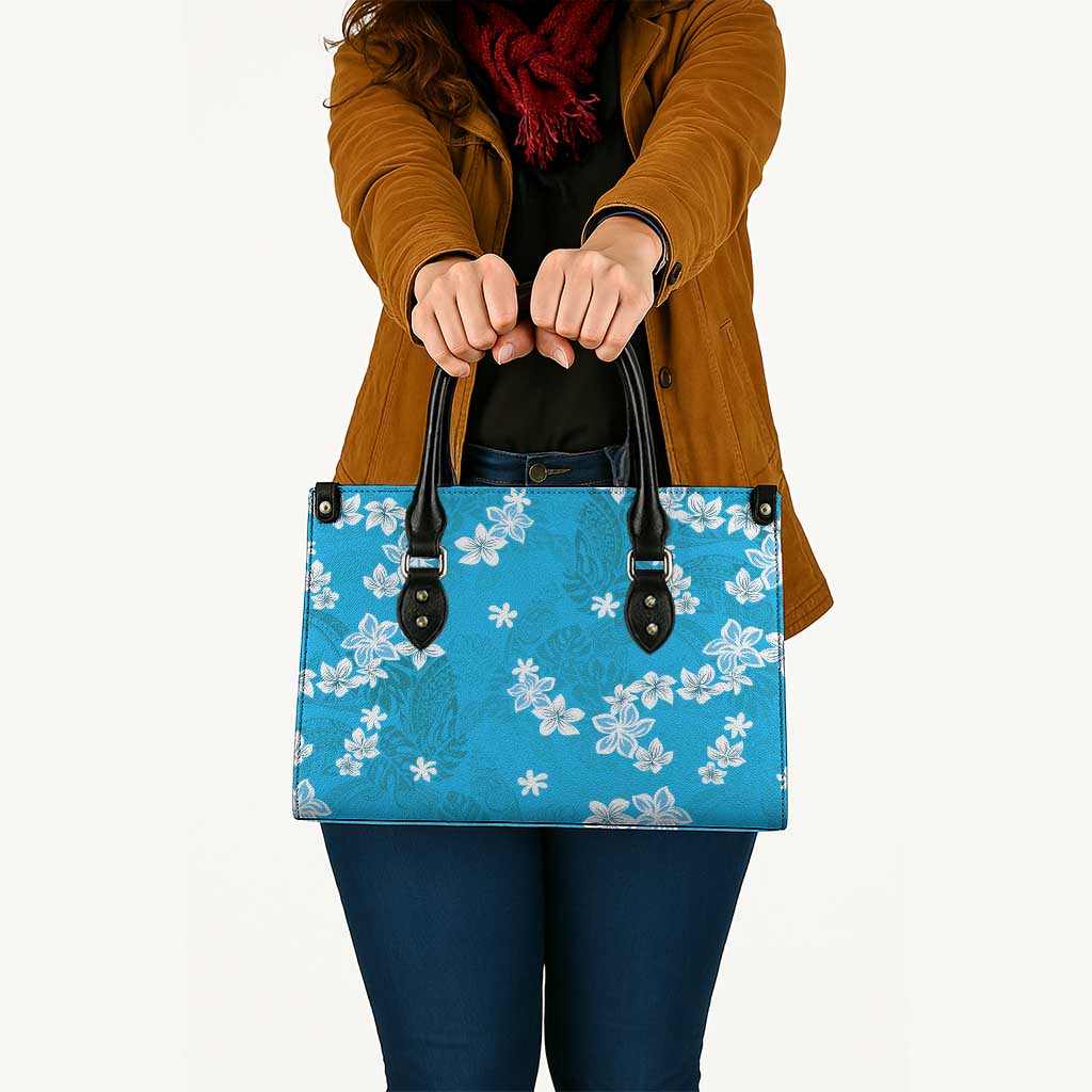 Hawaii Monstera Deliciosa Leather Bag Blue Plumeria Polynesian Pattern - Polynesian Pride