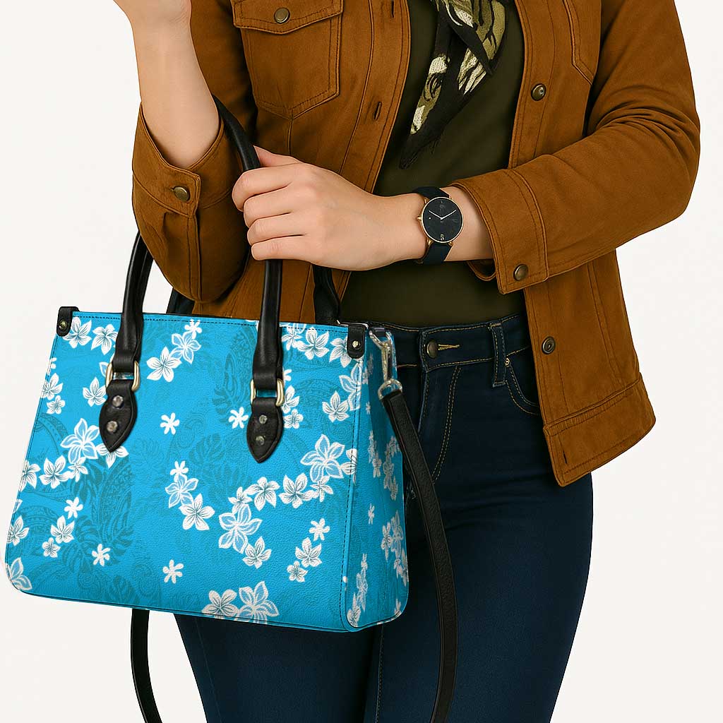Hawaii Monstera Deliciosa Leather Bag Blue Plumeria Polynesian Pattern - Polynesian Pride