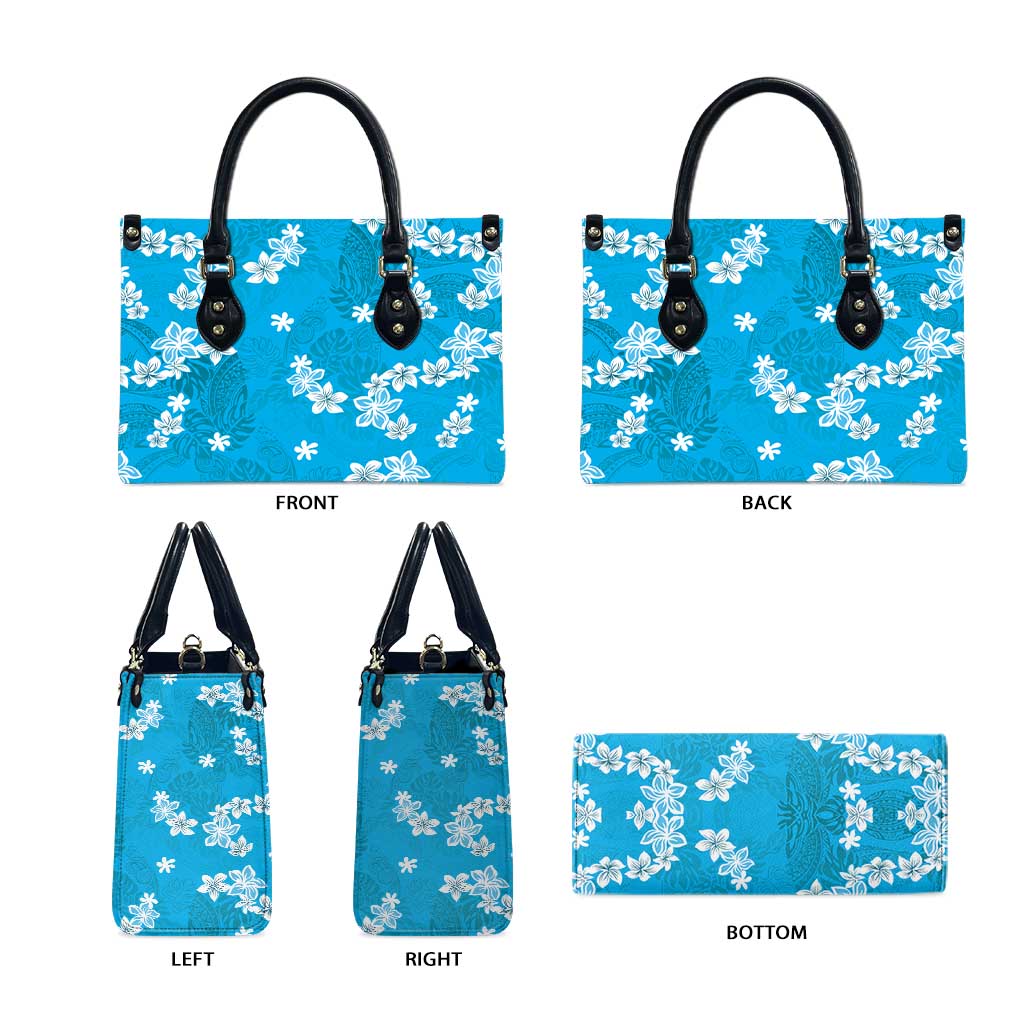 Hawaii Monstera Deliciosa Leather Bag Blue Plumeria Polynesian Pattern - Polynesian Pride
