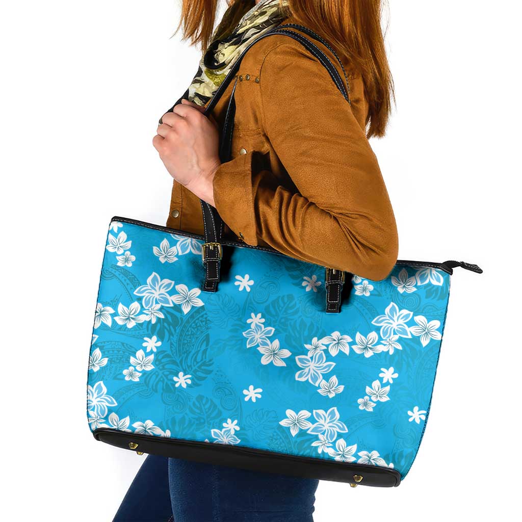Hawaii Monstera Deliciosa Leather Tote Bag Blue Plumeria Polynesian Pattern LT05 Blue - Polynesian Pride