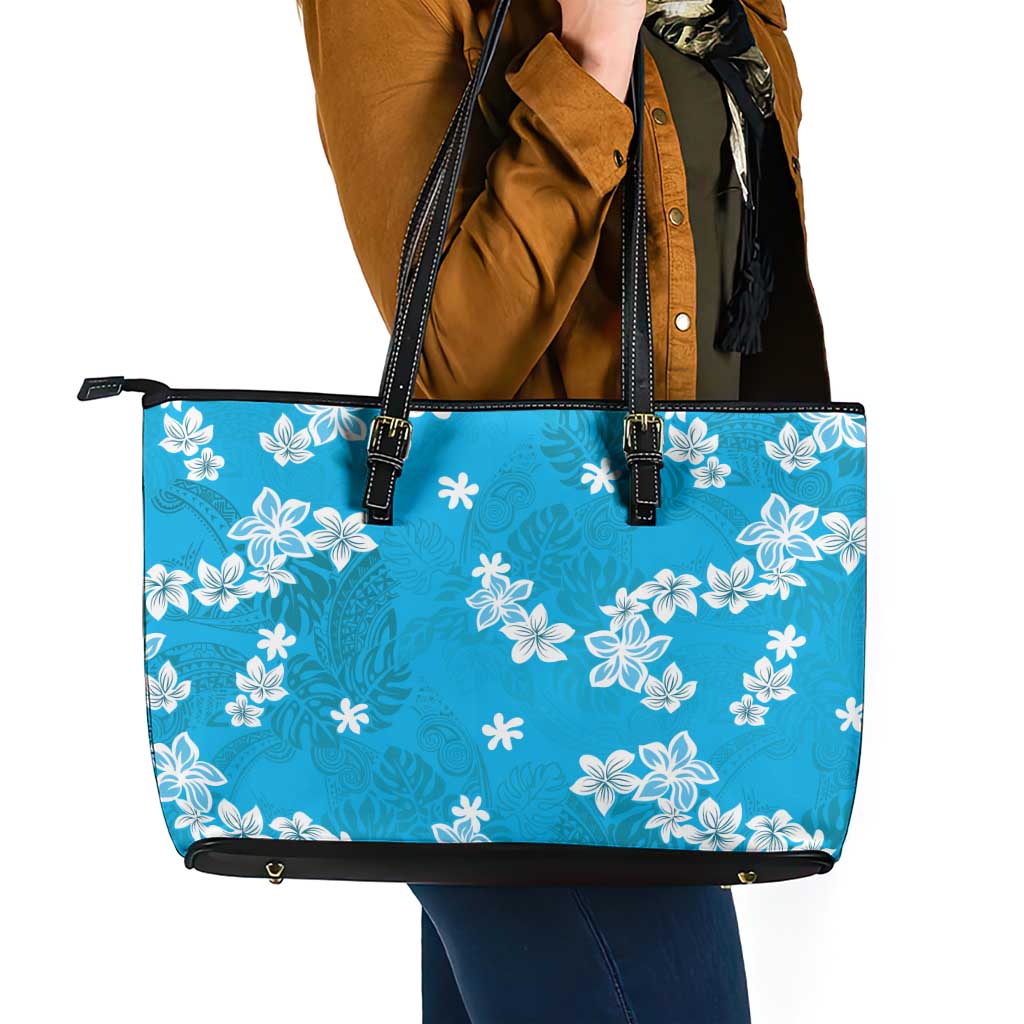 Hawaii Monstera Deliciosa Leather Tote Bag Blue Plumeria Polynesian Pattern LT05 - Polynesian Pride