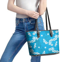 Hawaii Monstera Deliciosa Leather Tote Bag Blue Plumeria Polynesian Pattern LT05 - Polynesian Pride