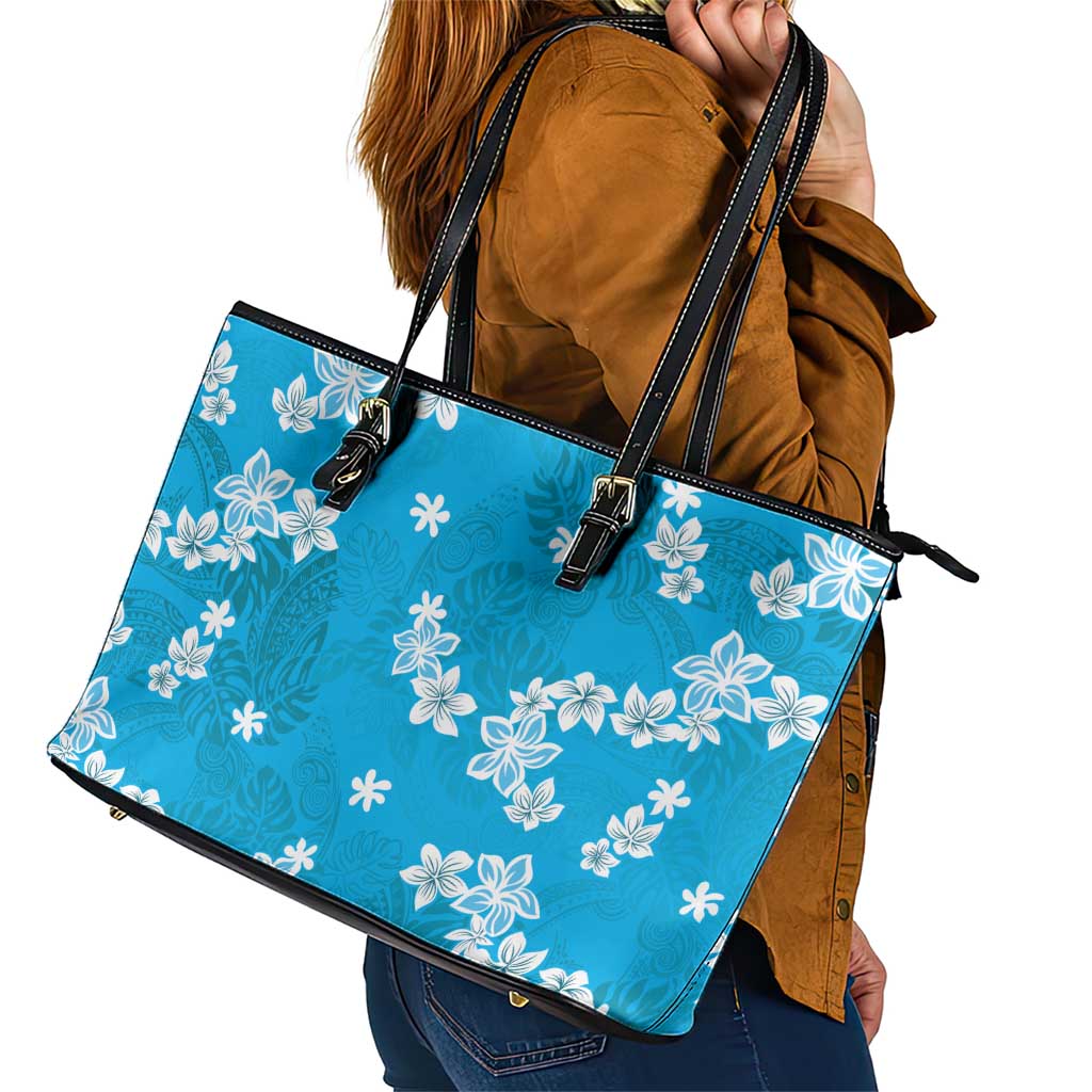 Hawaii Monstera Deliciosa Leather Tote Bag Blue Plumeria Polynesian Pattern LT05 - Polynesian Pride