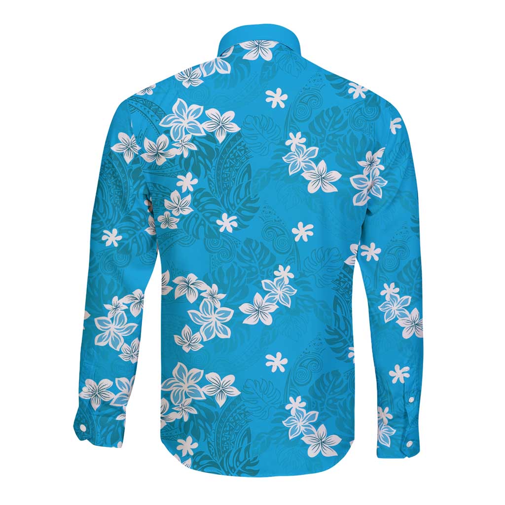 Hawaii Monstera Deliciosa Long Sleeve Button Shirt Blue Plumeria Polynesian Pattern - Polynesian Pride