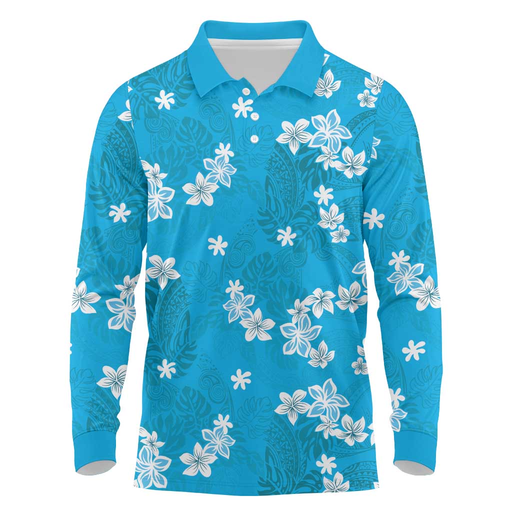Hawaii Monstera Deliciosa Long Sleeve Polo Shirt Blue Plumeria Polynesian Pattern LT05 Blue - Polynesian Pride