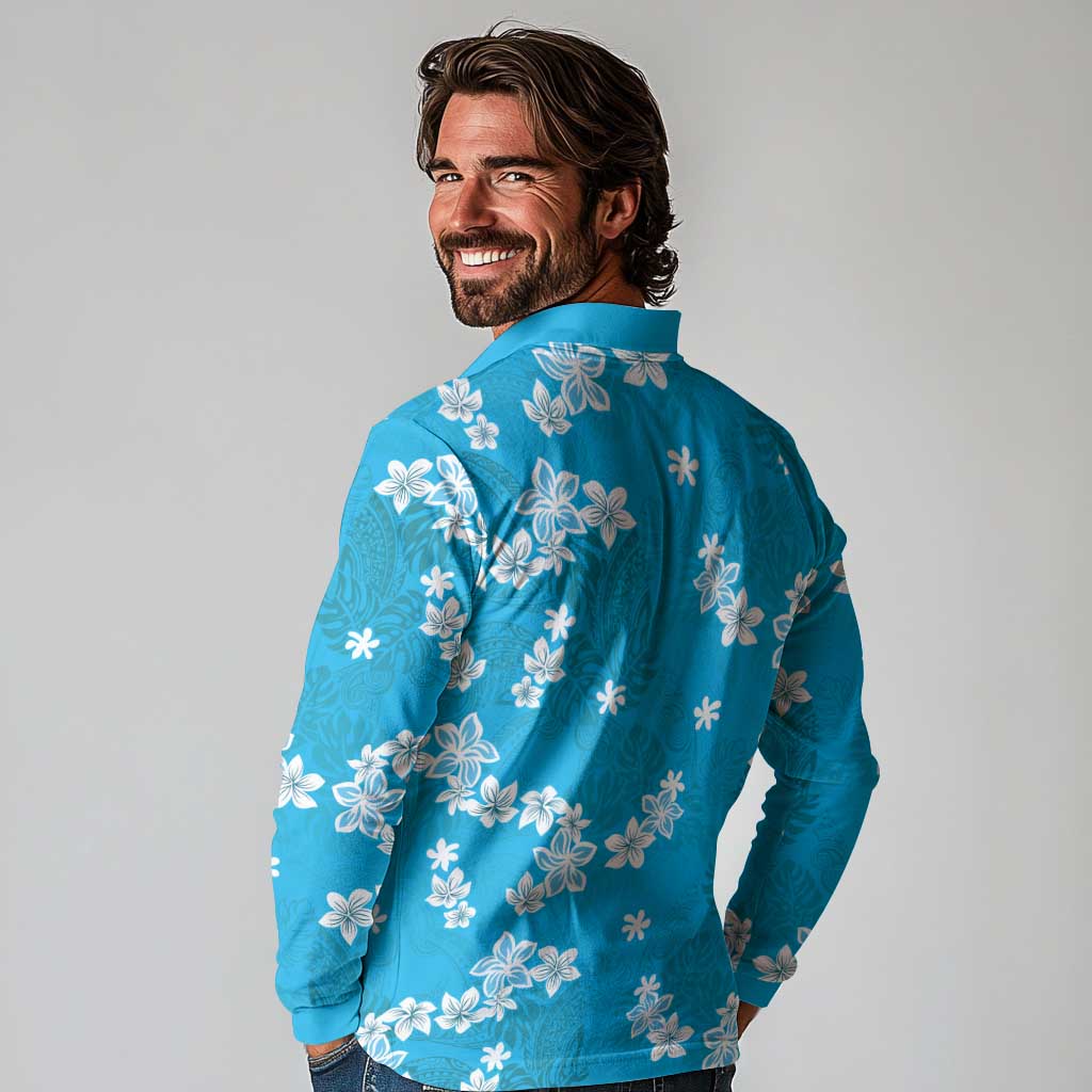 Hawaii Monstera Deliciosa Long Sleeve Polo Shirt Blue Plumeria Polynesian Pattern - Polynesian Pride