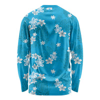 Hawaii Monstera Deliciosa Long Sleeve Shirt Blue Plumeria Polynesian Pattern - Polynesian Pride