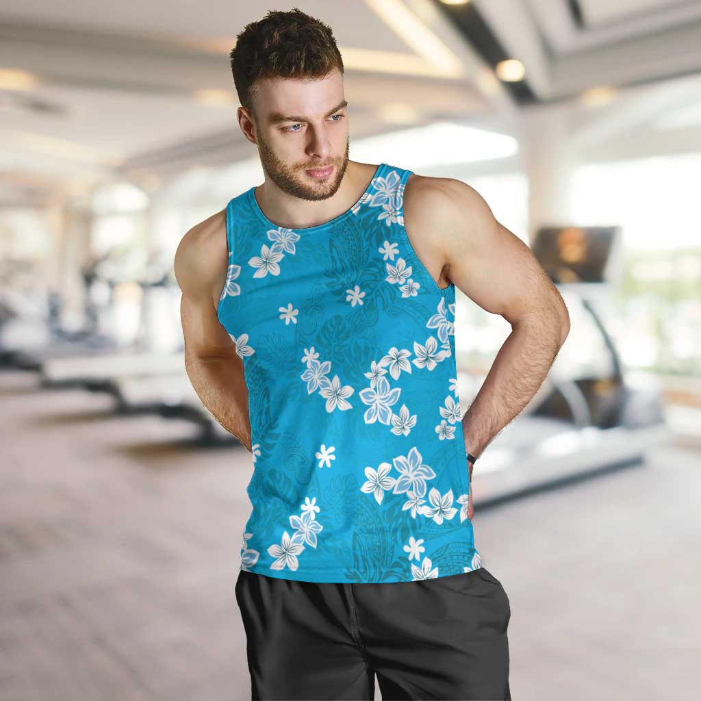 Hawaii Monstera Deliciosa Men Tank Top Blue Plumeria Polynesian Pattern - Polynesian Pride