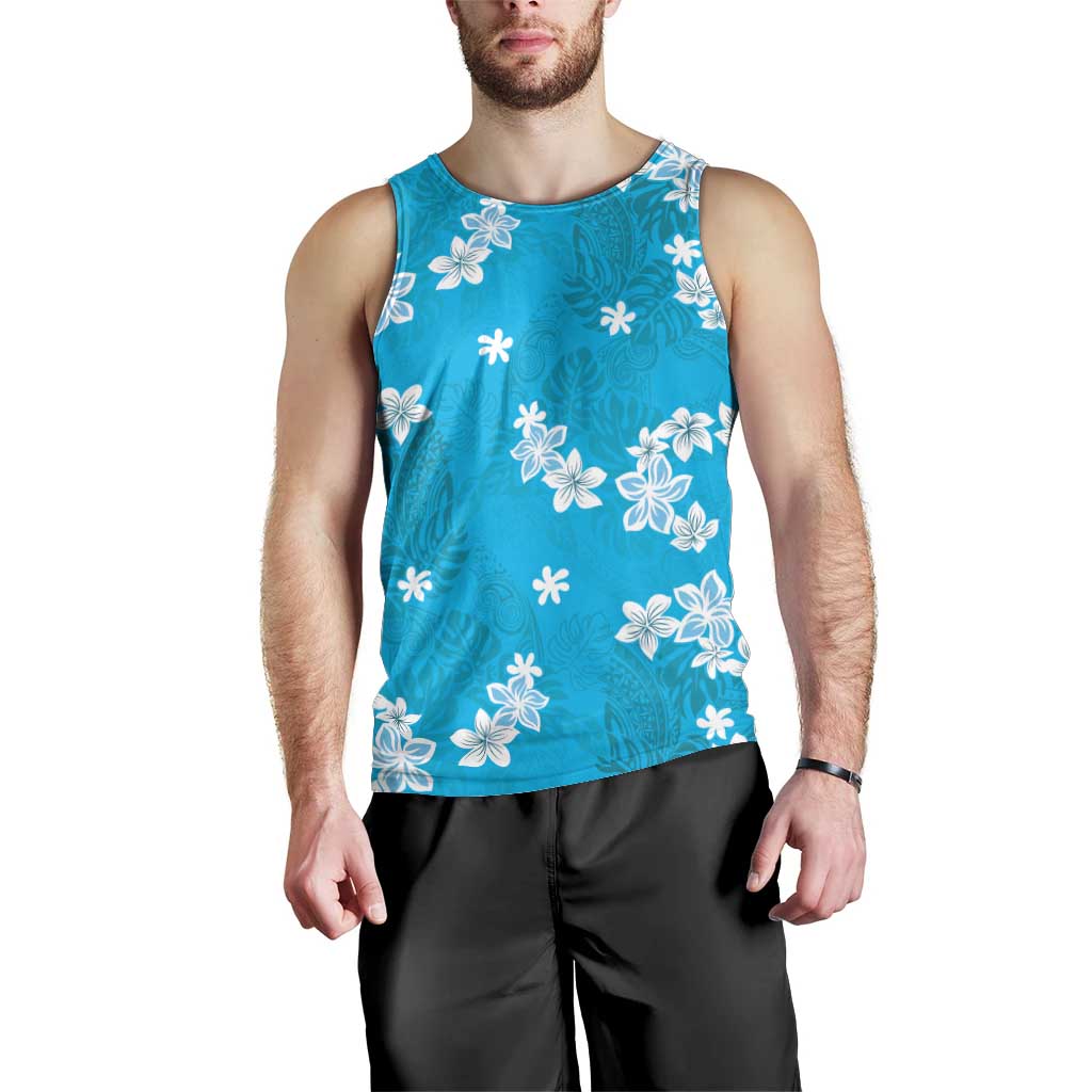 Hawaii Monstera Deliciosa Men Tank Top Blue Plumeria Polynesian Pattern - Polynesian Pride