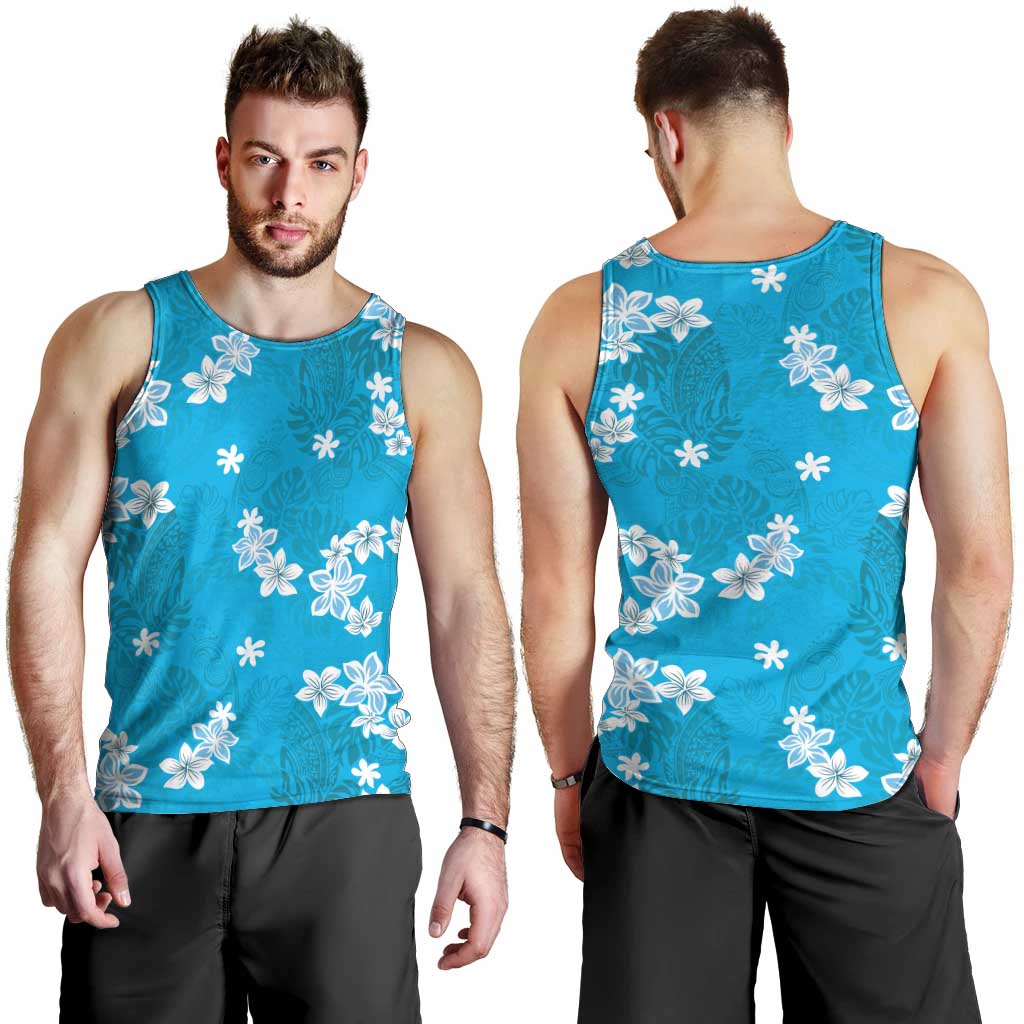 Hawaii Monstera Deliciosa Men Tank Top Blue Plumeria Polynesian Pattern - Polynesian Pride