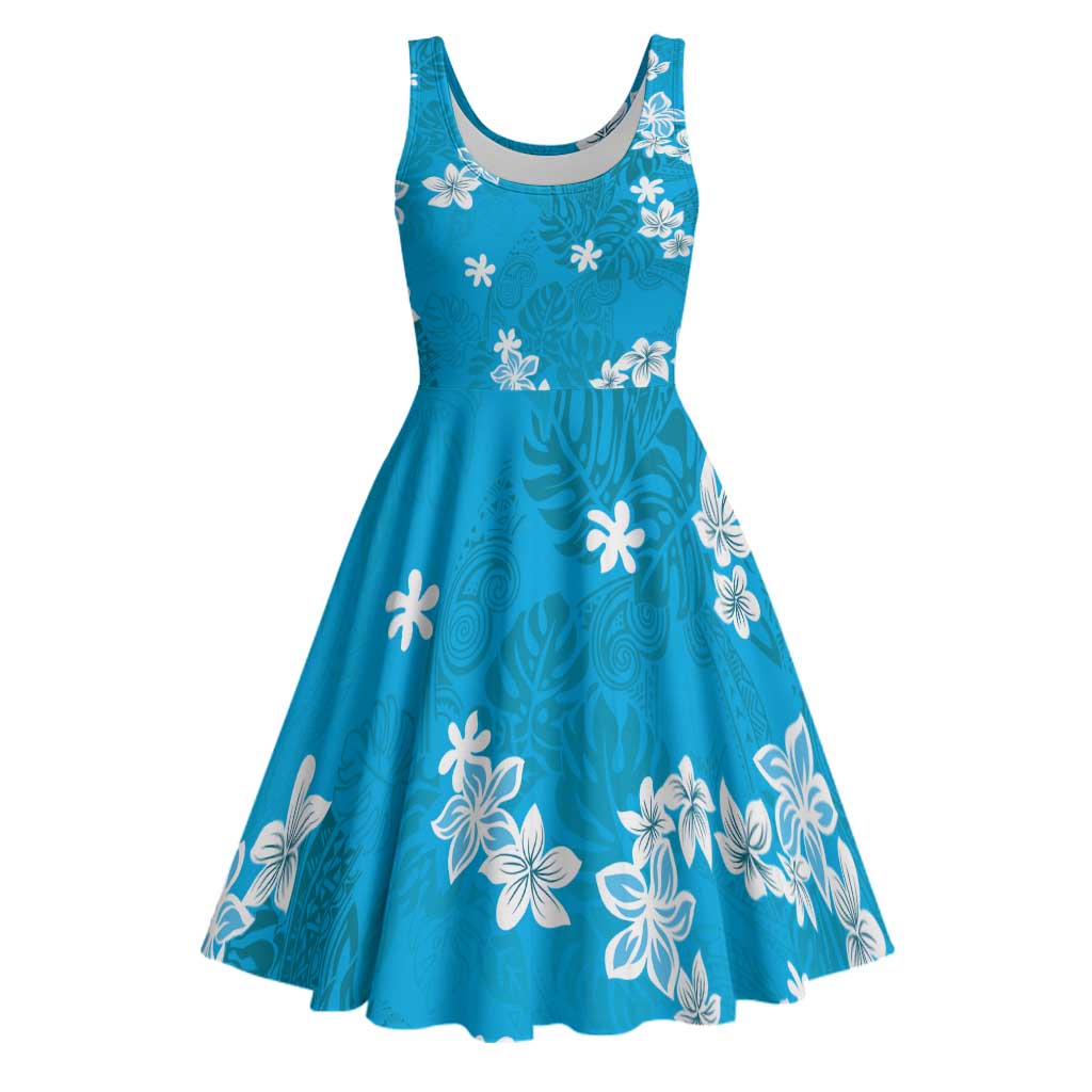 Hawaii Monstera Deliciosa Midi Dress Blue Plumeria Polynesian Pattern - Polynesian Pride
