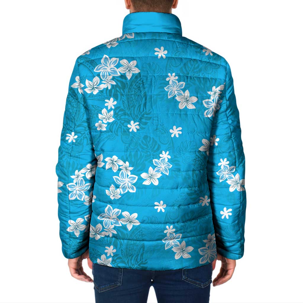 Hawaii Monstera Deliciosa Padded Jacket Blue Plumeria Polynesian Pattern - Polynesian Pride