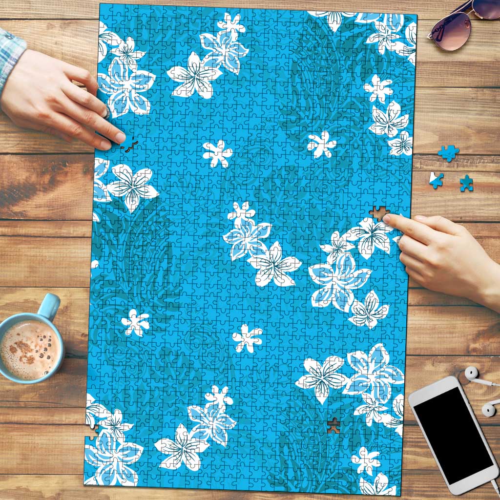 Hawaii Monstera Deliciosa Puzzle Blue Plumeria Polynesian Pattern - Polynesian Pride