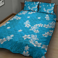 Hawaii Monstera Deliciosa Quilt Bed Set Blue Plumeria Polynesian Pattern - Polynesian Pride