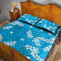 Hawaii Monstera Deliciosa Quilt Bed Set Blue Plumeria Polynesian Pattern - Polynesian Pride