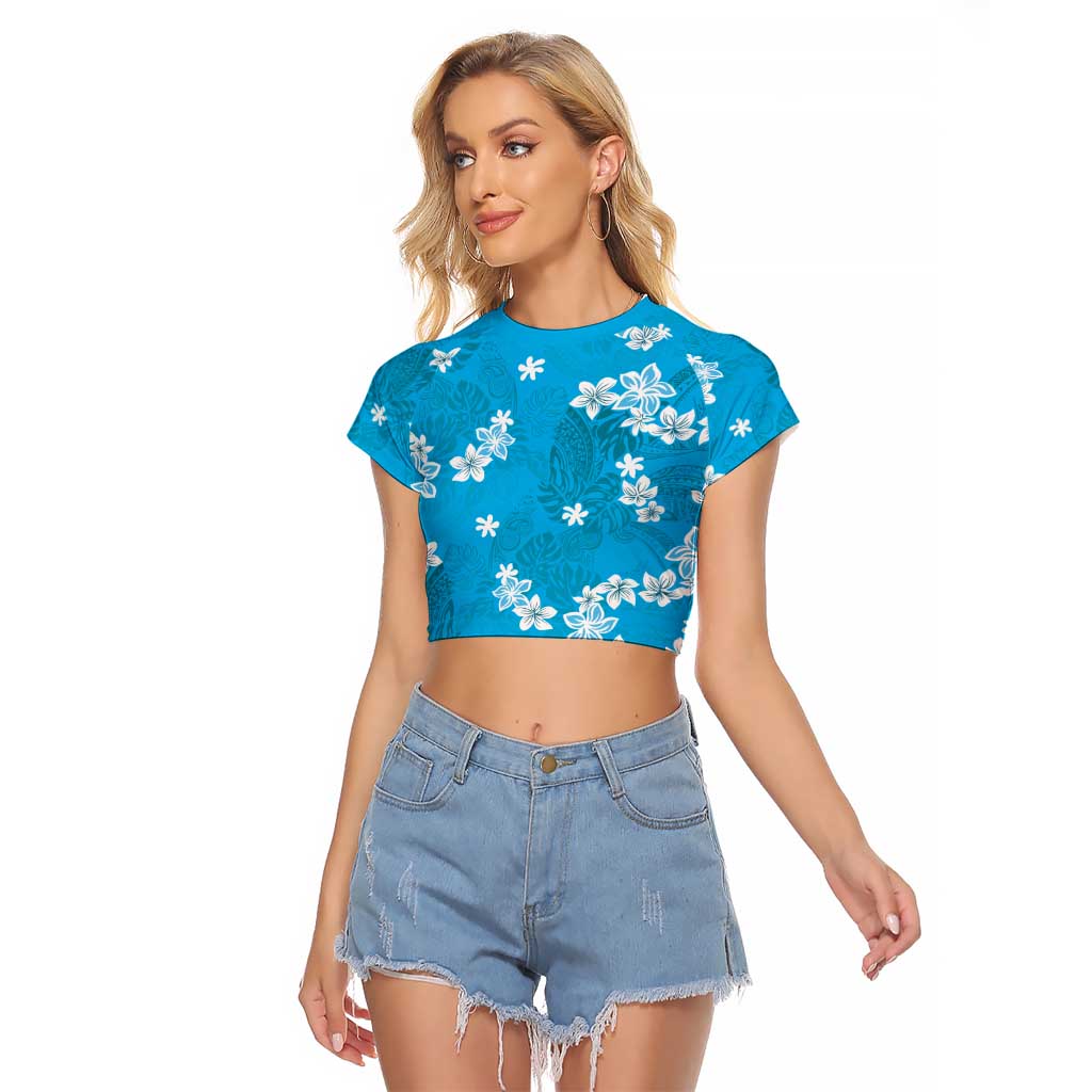 Hawaii Monstera Deliciosa Raglan Cropped T Shirt Blue Plumeria Polynesian Pattern - Polynesian Pride