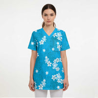 Hawaii Monstera Deliciosa Scrub Top Blue Plumeria Polynesian Pattern - Polynesian Pride